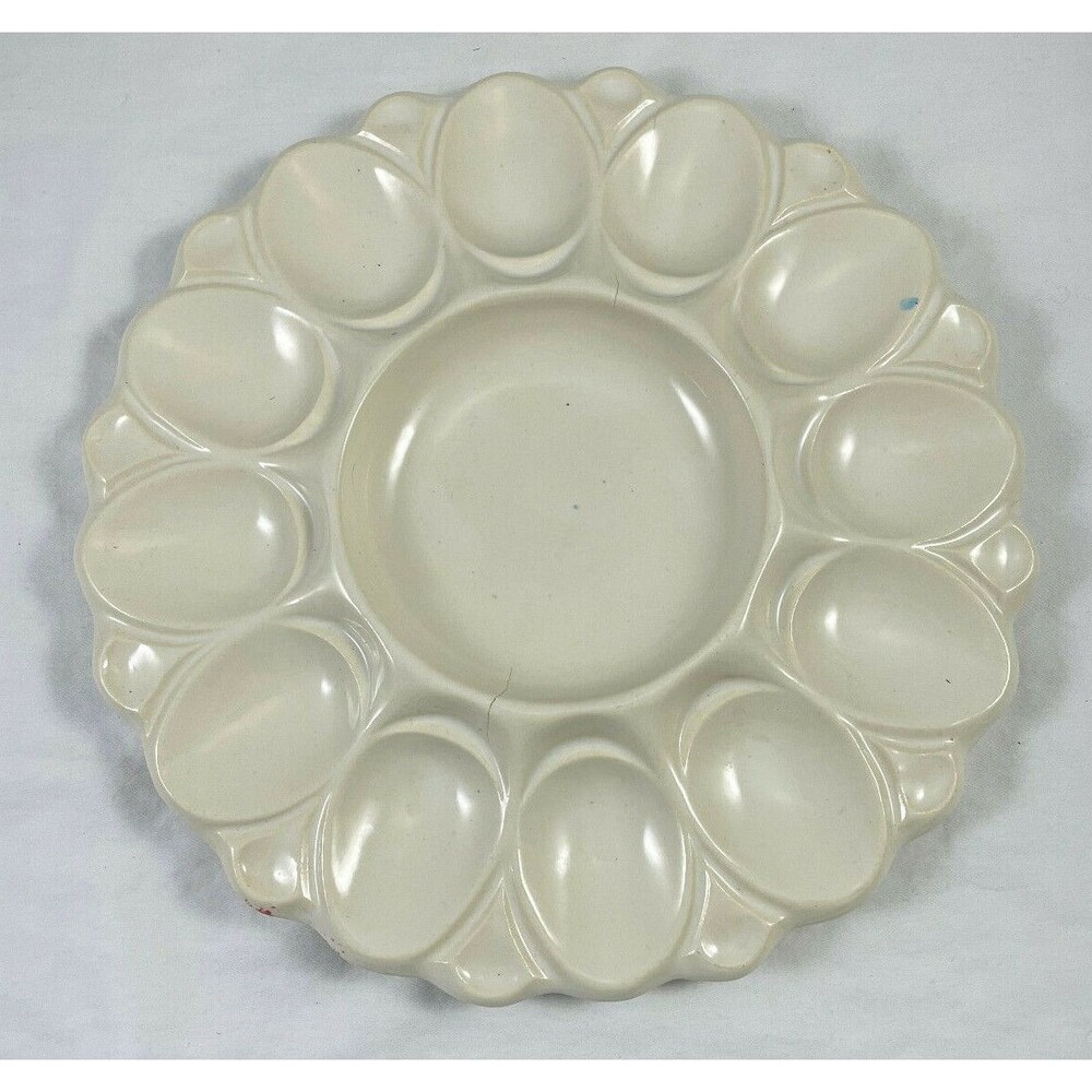 Deviled Egg Plate Tray Hull Pottery Ceramic Ivory Off White 10.5" Vintage 141